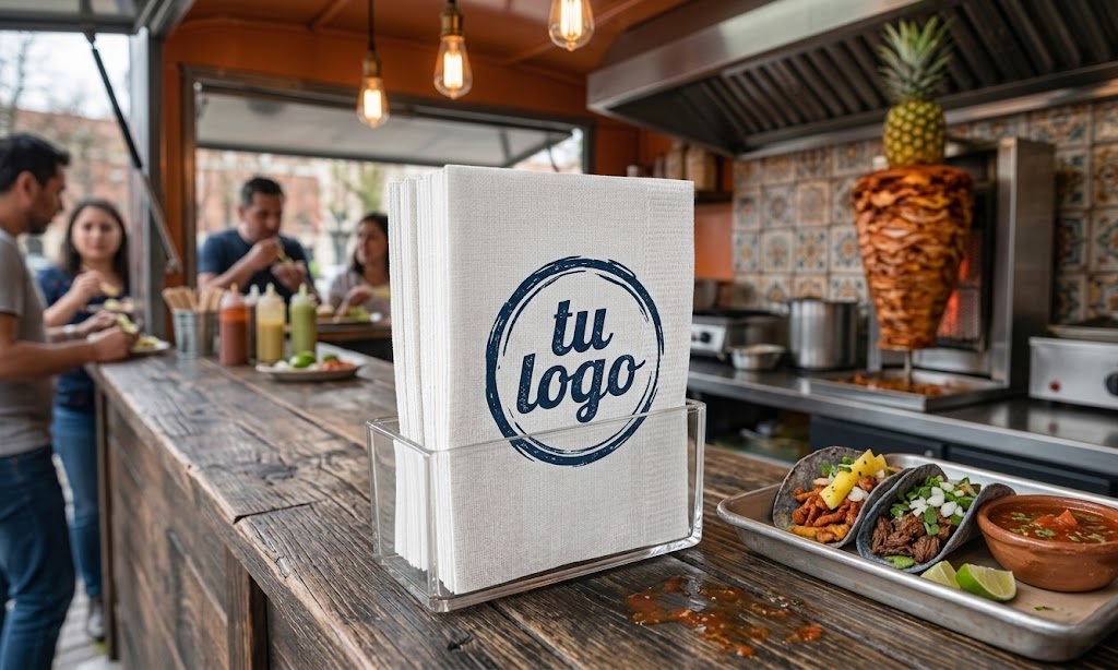Servilleta blanca rectangular 25x15 cm para dispensador personalizada con logo en taquería México
