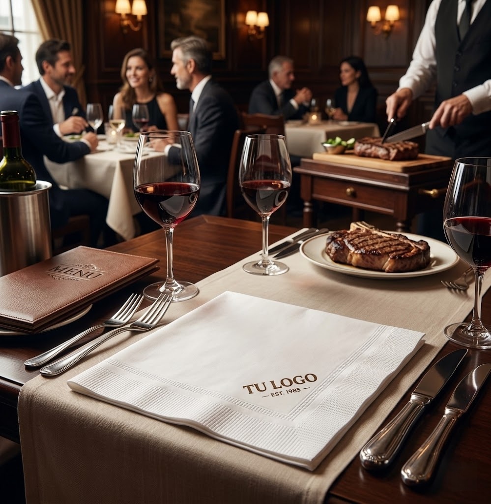 Servilleta fina blanca grande 25x25 cm dinner personalizada con logo en restaurante formal hotel México