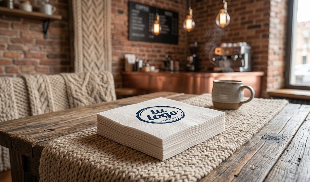Servilleta fina blanca 15x15 cm con logo en mesa de cafetería boutique México