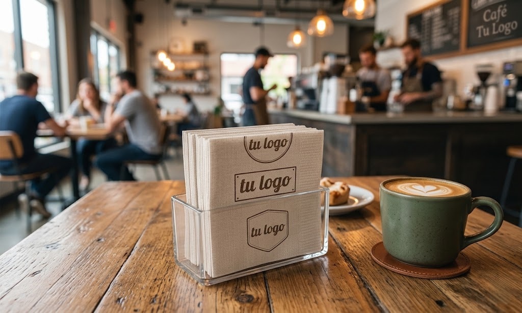 Servilleta kraft café reciclada 15x15 cm personalizada con logo en dispensador cafetería artesanal México